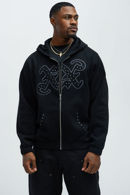 Tyson Rhinestone Oversized Zip Up Hoodie - Black