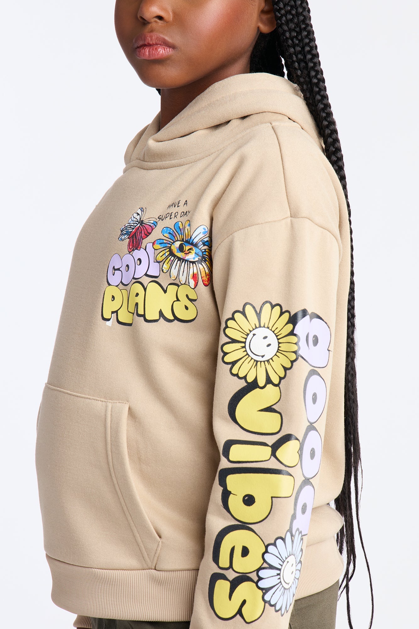 Mini Cool Plans Front/Back Fleece Hoodie - Beige