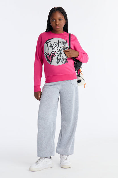 Mini Fashion Girl Crew Neck Sweatshirt - Hot Pink