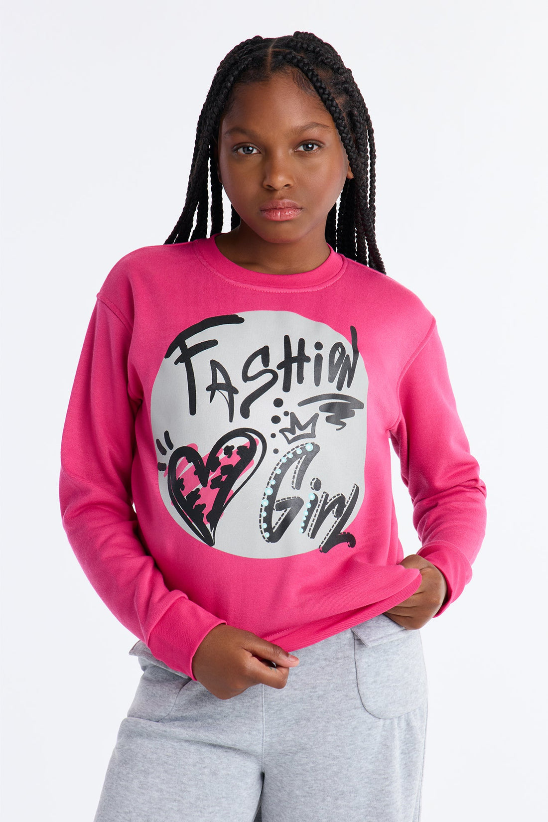 Mini Fashion Girl Crew Neck Sweatshirt - Hot Pink