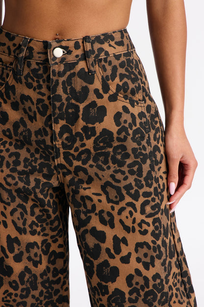 Catch Me Leopard Barrel Leg Jeans - Brown/combo