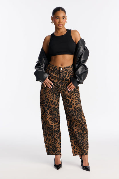Catch Me Leopard Barrel Leg Jeans - Brown/combo