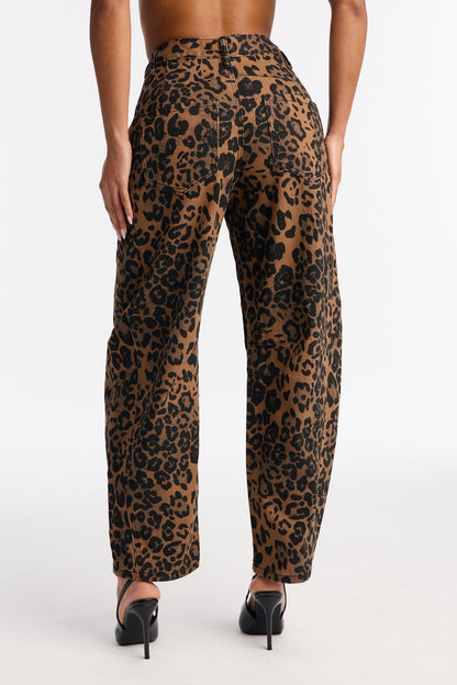 Catch Me Leopard Barrel Leg Jeans - Brown/combo