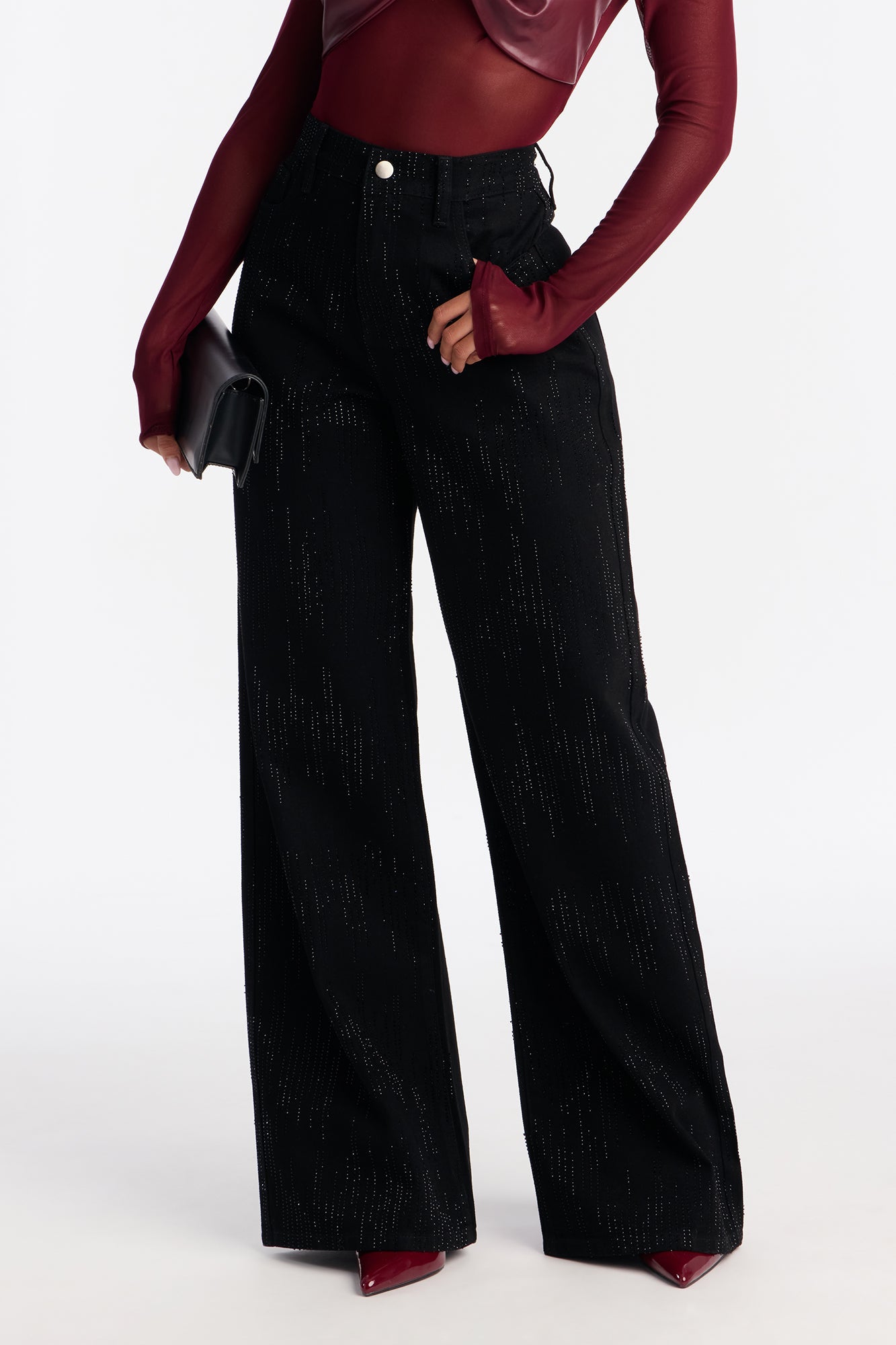 Dazzling Embellishment Wide Leg Jeans - Black