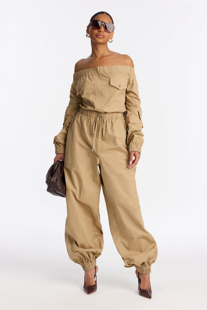 Tasha Off Shoulder Balloon Leg Jumpsuit - Khaki
