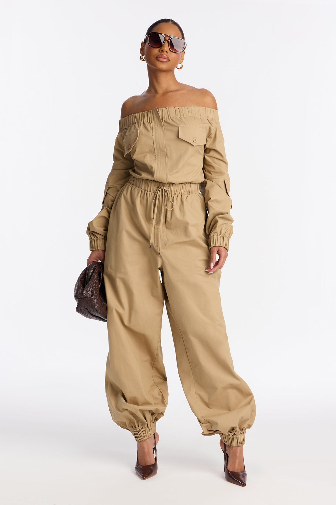 Tasha Off Shoulder Balloon Leg Jumpsuit - Khaki