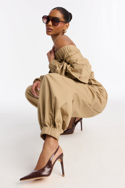 Tasha Off Shoulder Balloon Leg Jumpsuit - Khaki