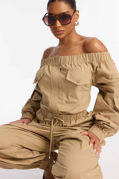 Tasha Off Shoulder Balloon Leg Jumpsuit - Khaki