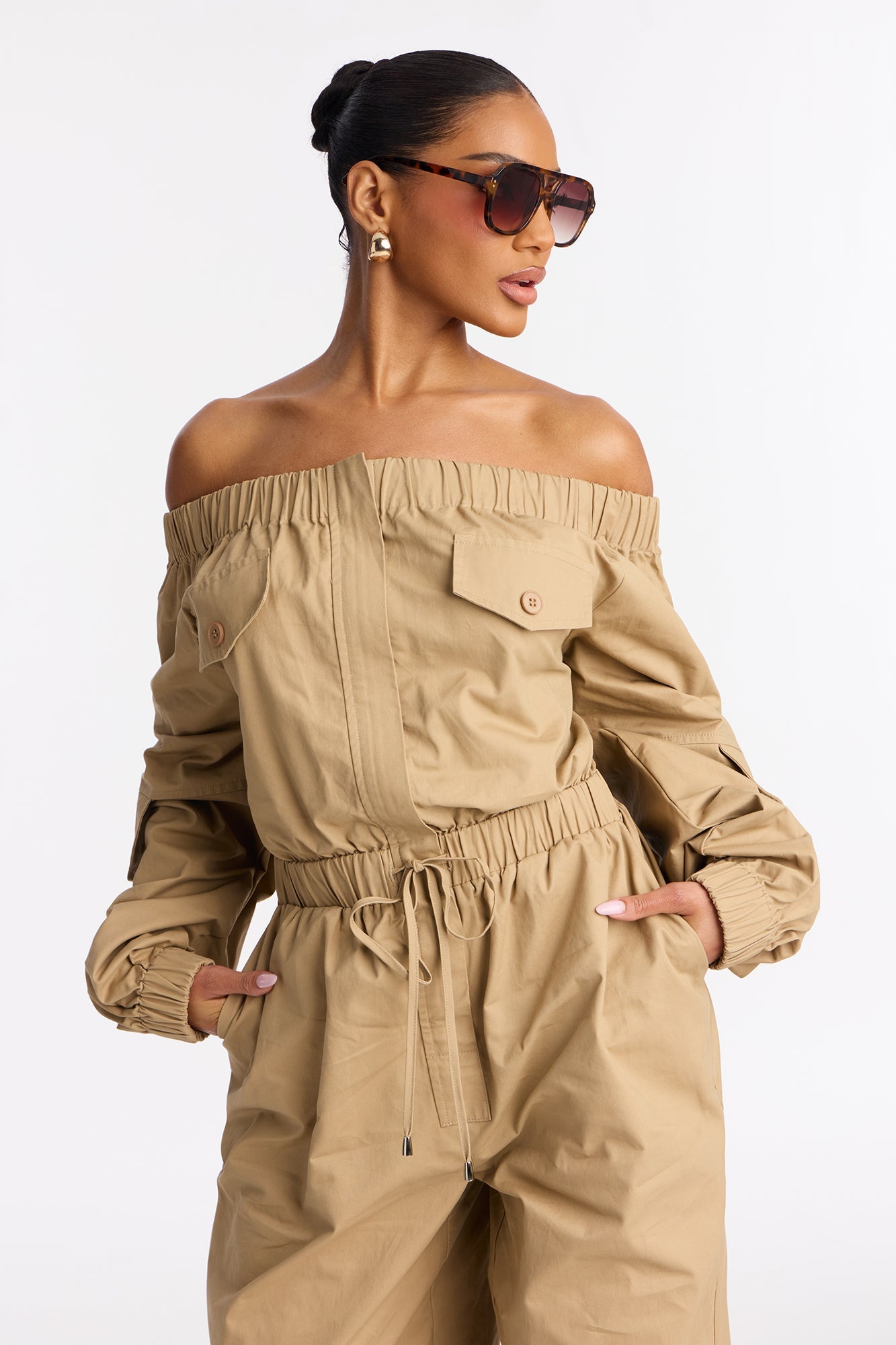 Tasha Off Shoulder Balloon Leg Jumpsuit - Khaki
