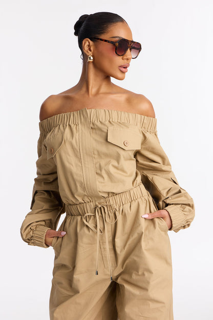 Tasha Off Shoulder Balloon Leg Jumpsuit - Khaki