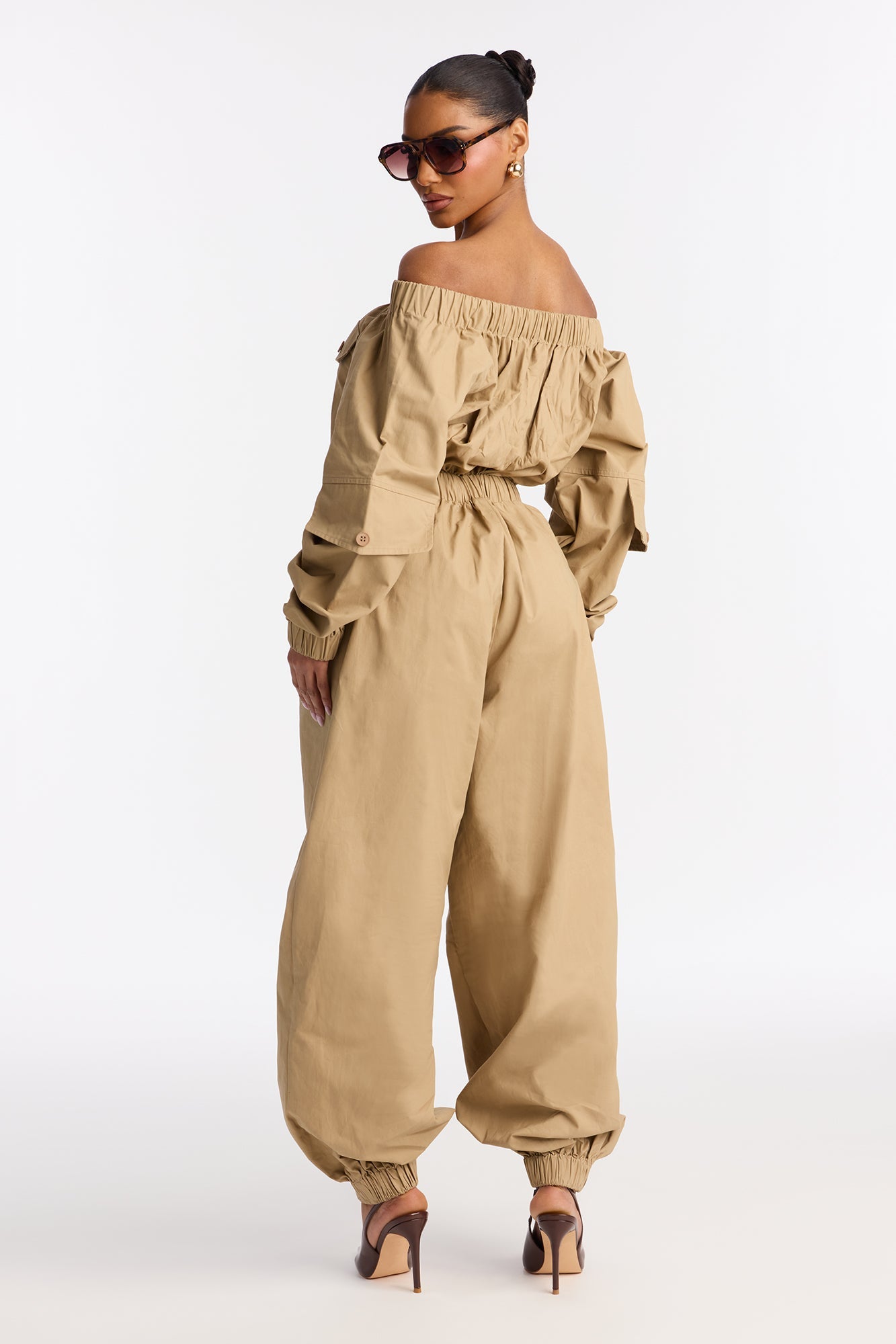 Tasha Off Shoulder Balloon Leg Jumpsuit - Khaki