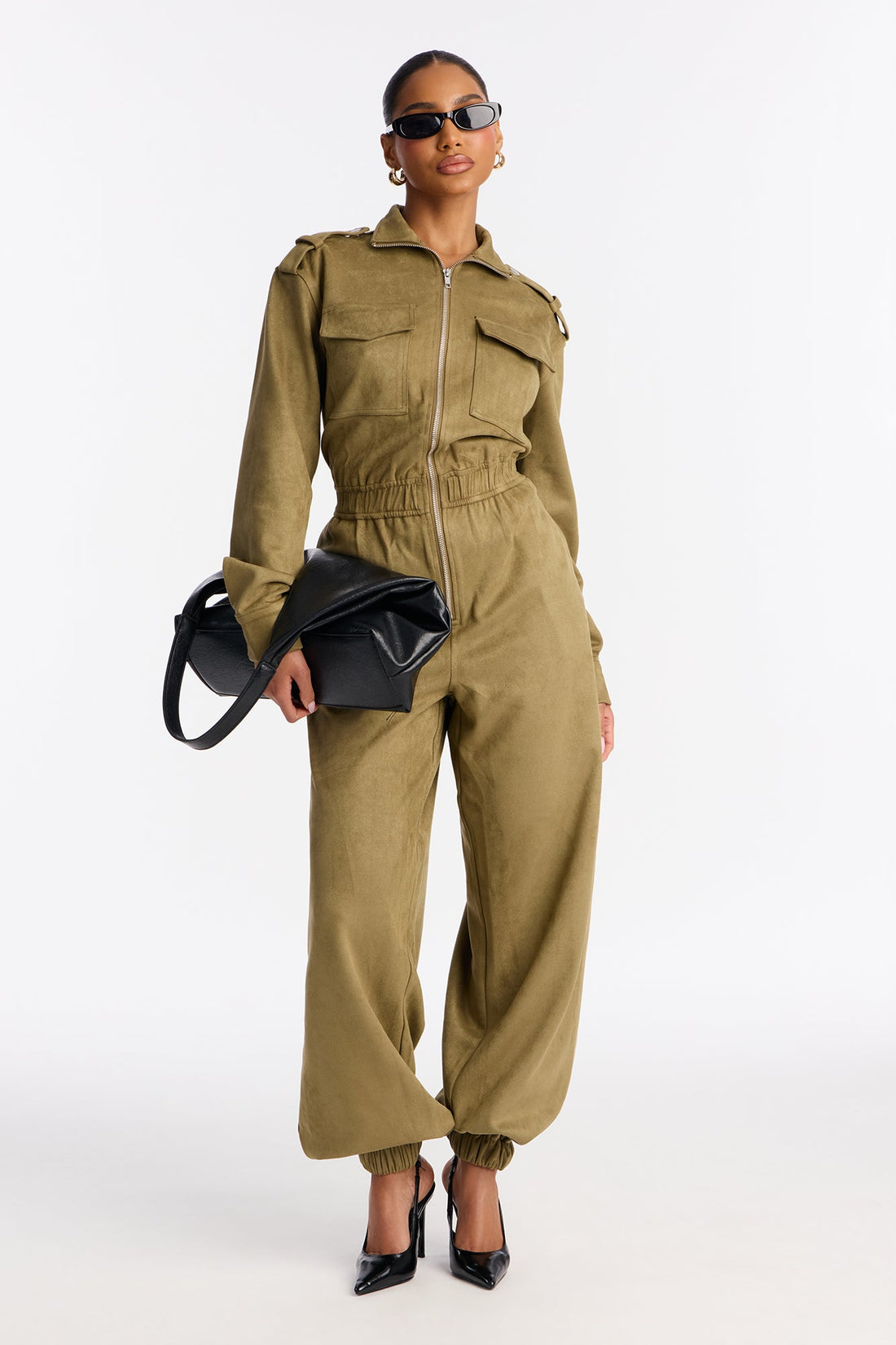 Sofia Suede Long Sleeve Cargo Jogger Jumpsuit - Olive