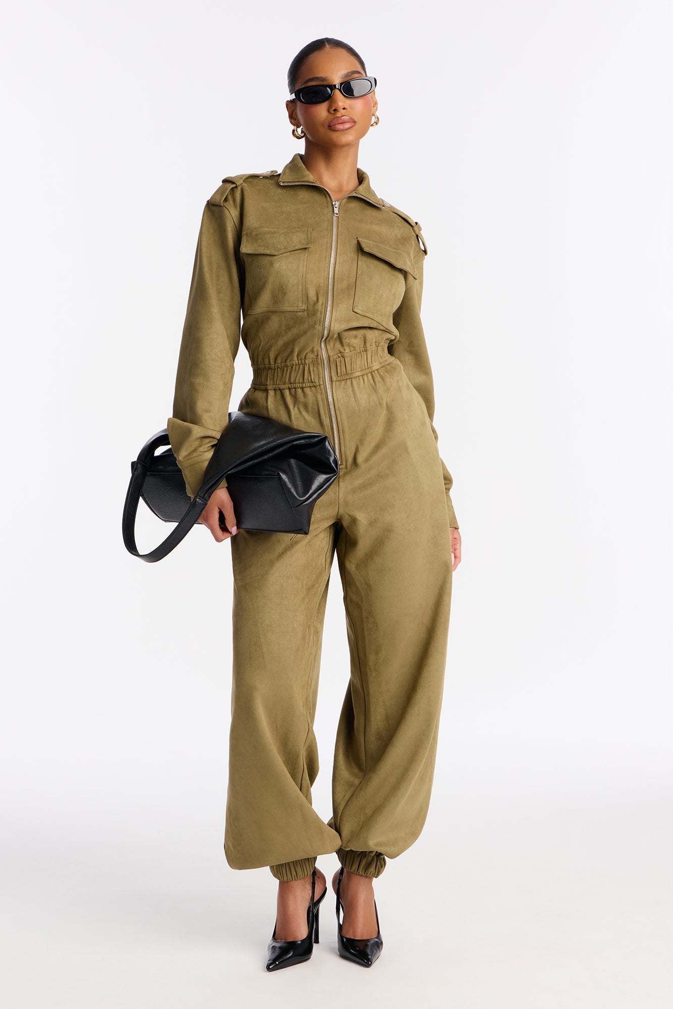 Sofia Suede Long Sleeve Cargo Jogger Jumpsuit - Olive