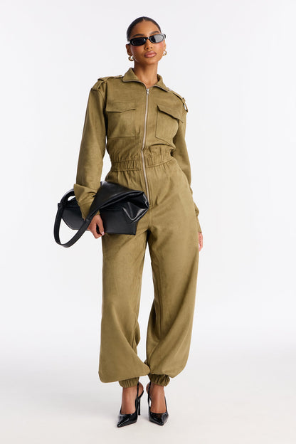 Sofia Suede Long Sleeve Cargo Jogger Jumpsuit - Olive