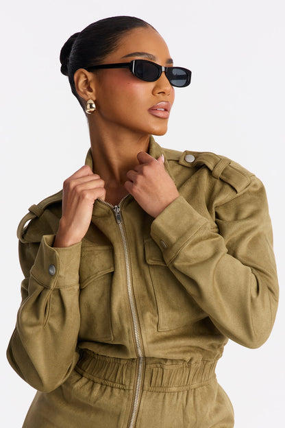 Sofia Suede Long Sleeve Cargo Jogger Jumpsuit - Olive