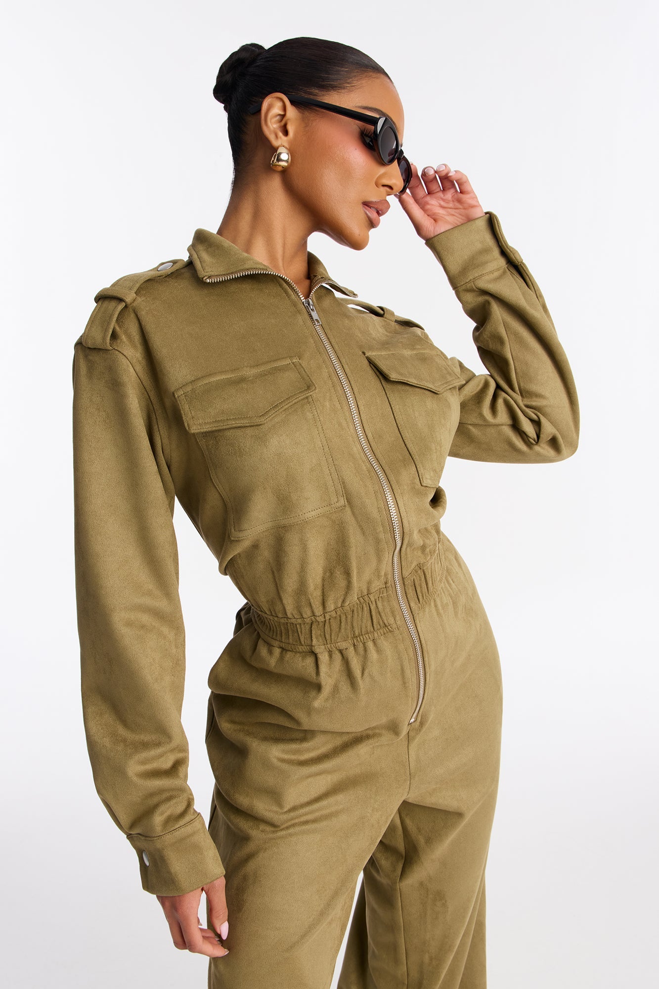 Sofia Suede Long Sleeve Cargo Jogger Jumpsuit - Olive