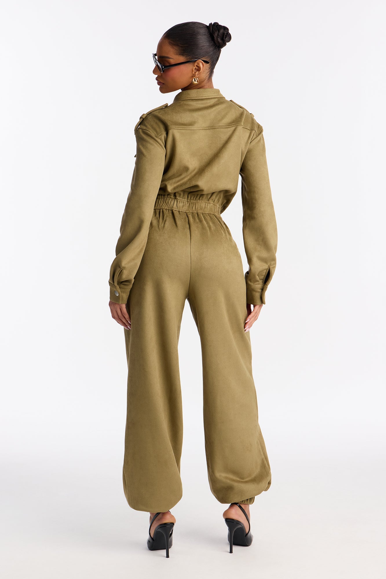 Sofia Suede Long Sleeve Cargo Jogger Jumpsuit - Olive