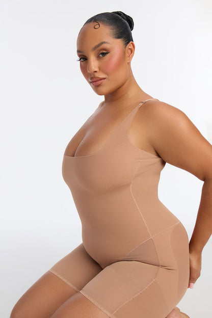 Microfiber Power Mesh Open Bust Butt Shaping Bodysuit - Nude