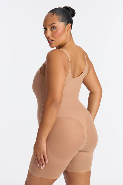 Microfiber Power Mesh Open Bust Butt Shaping Bodysuit - Nude