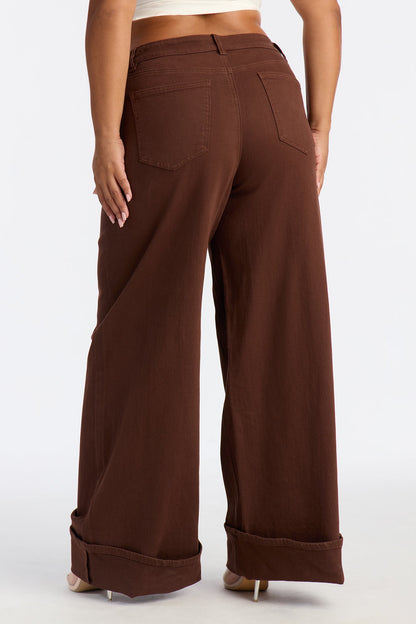 Down The Road Cuffed Wide Leg Jeans - Brown