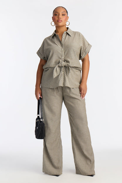 Lily Tie Front Stripe Linen Pant Set - Olive