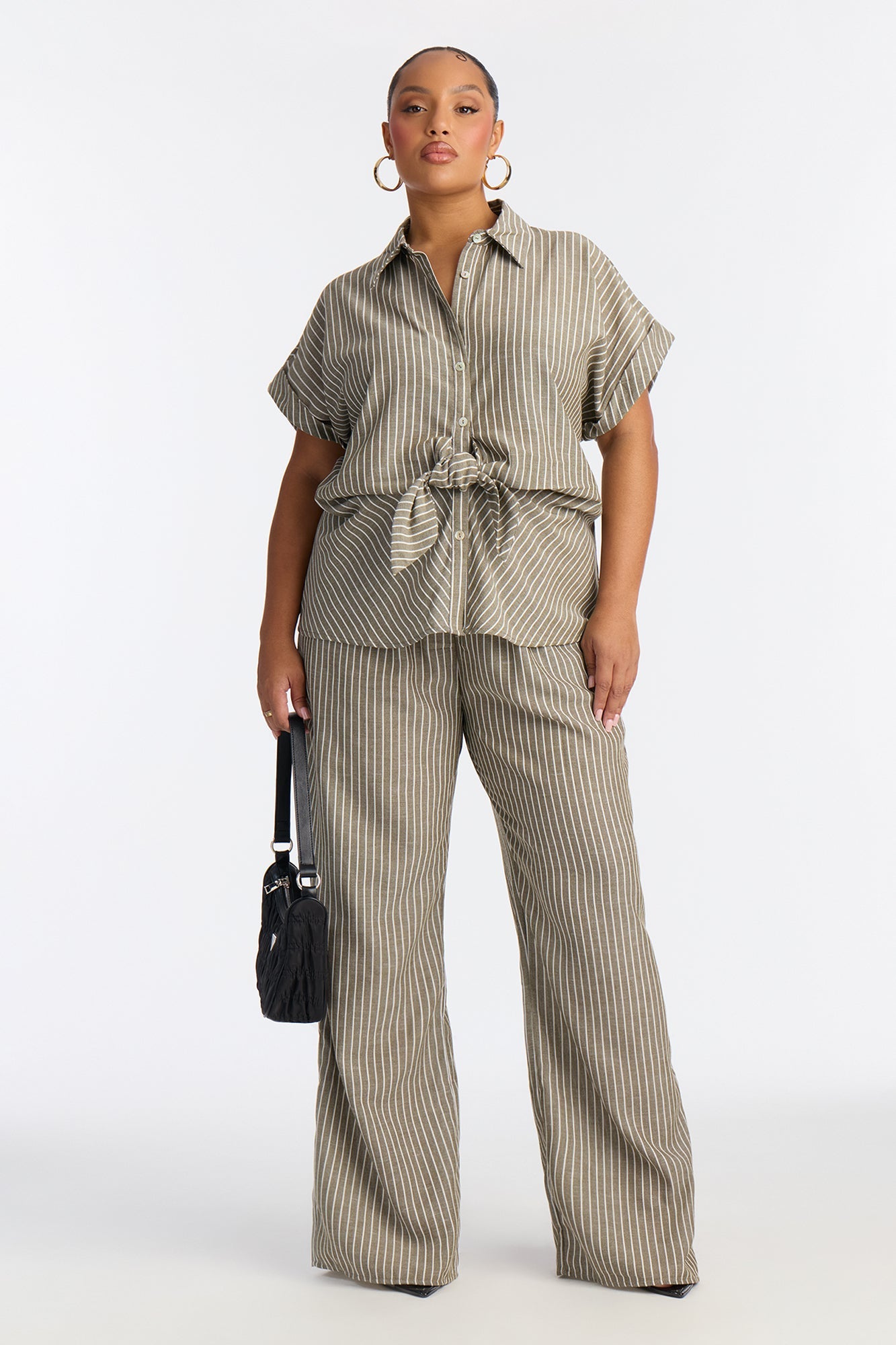Lily Tie Front Stripe Linen Pant Set - Olive