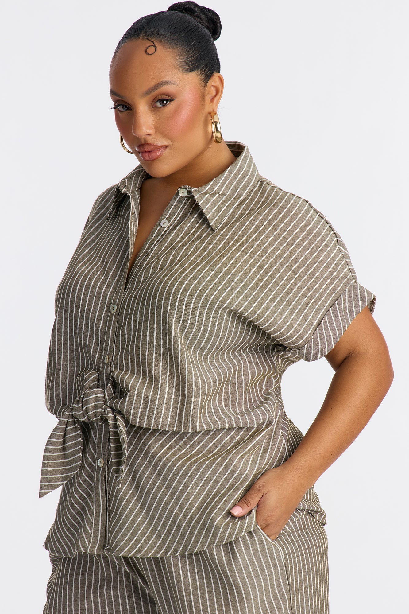 Lily Tie Front Stripe Linen Pant Set - Olive