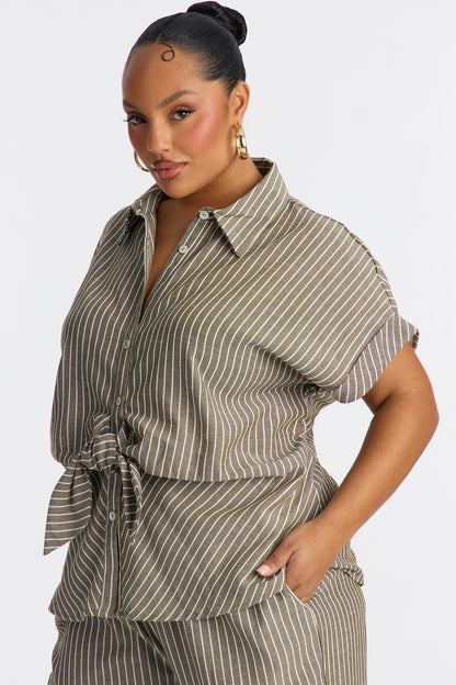 Lily Tie Front Stripe Linen Pant Set - Olive