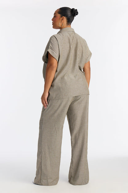 Lily Tie Front Stripe Linen Pant Set - Olive
