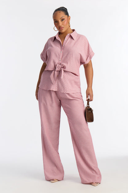 Lily Tie Front Stripe Linen Pant Set - Mauve