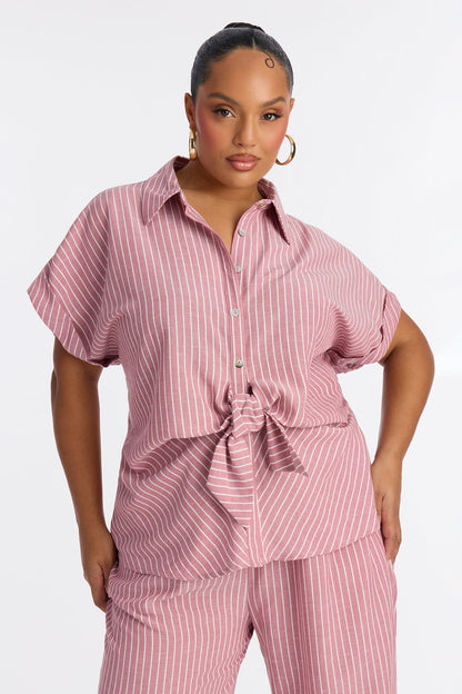 Lily Tie Front Stripe Linen Pant Set - Mauve