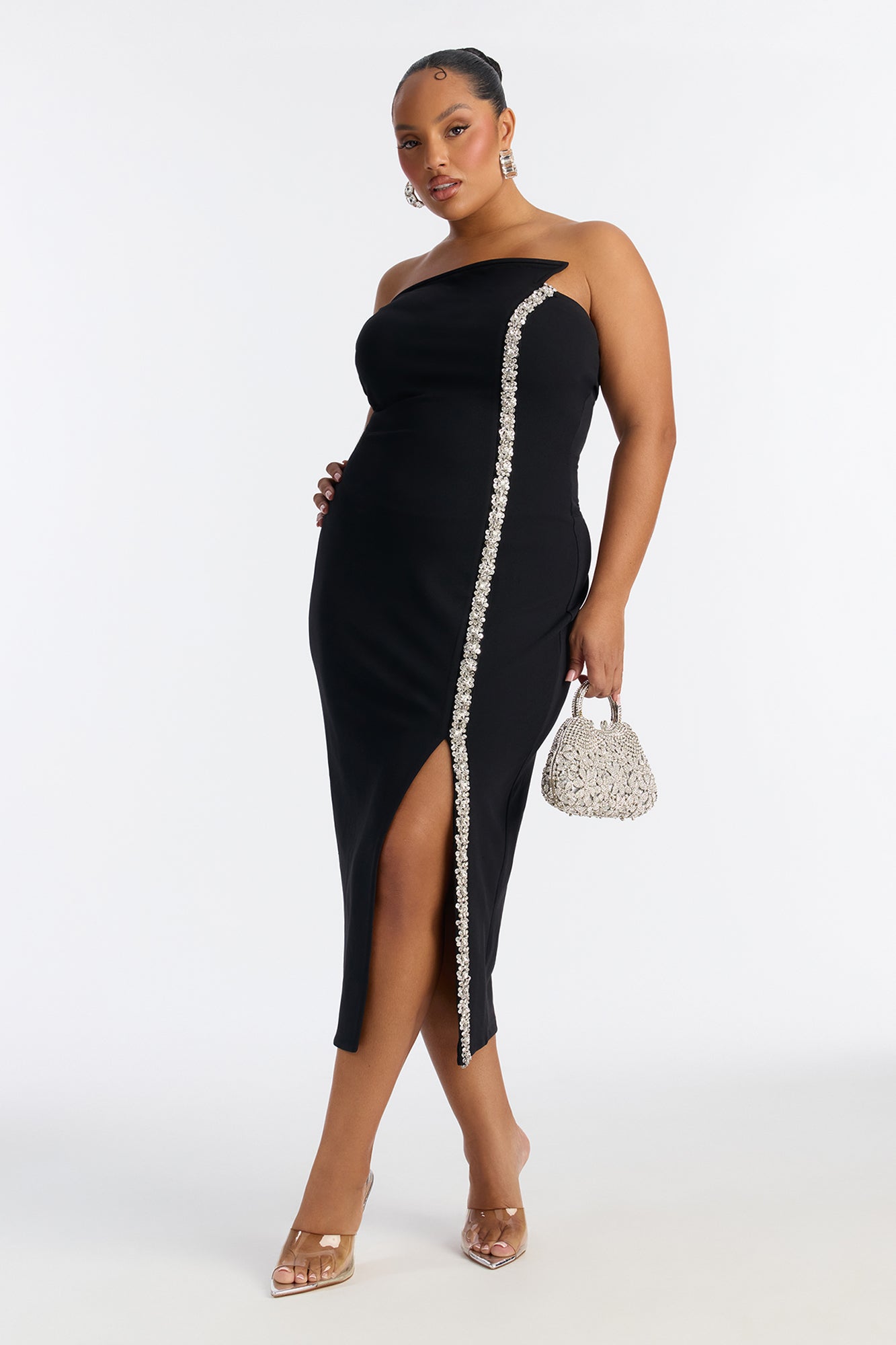 Naomi Asymmetrical Rhinestone Midi Dress - Black