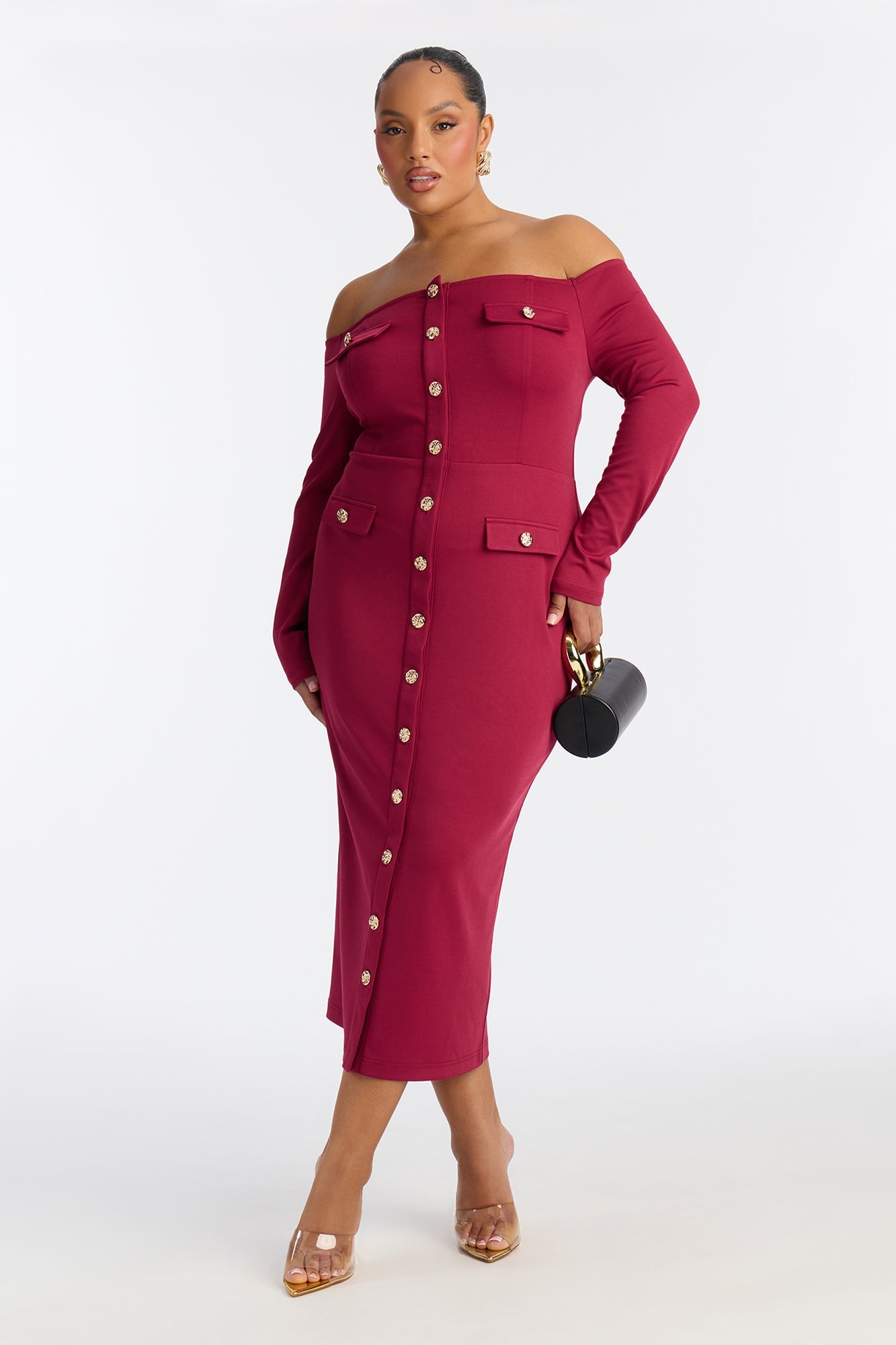 Goldie Off Shoulder Midi Dress - Wine