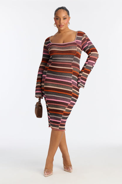 Fall For Me Striped Sweater Midi Dress - Rust/combo