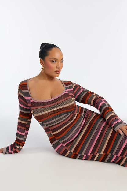 Fall For Me Striped Sweater Midi Dress - Rust/combo
