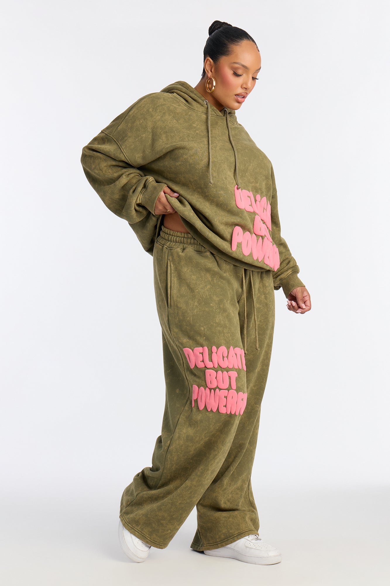 Delicate But Powerful Fleece Hoodie Pant Set - Olive
