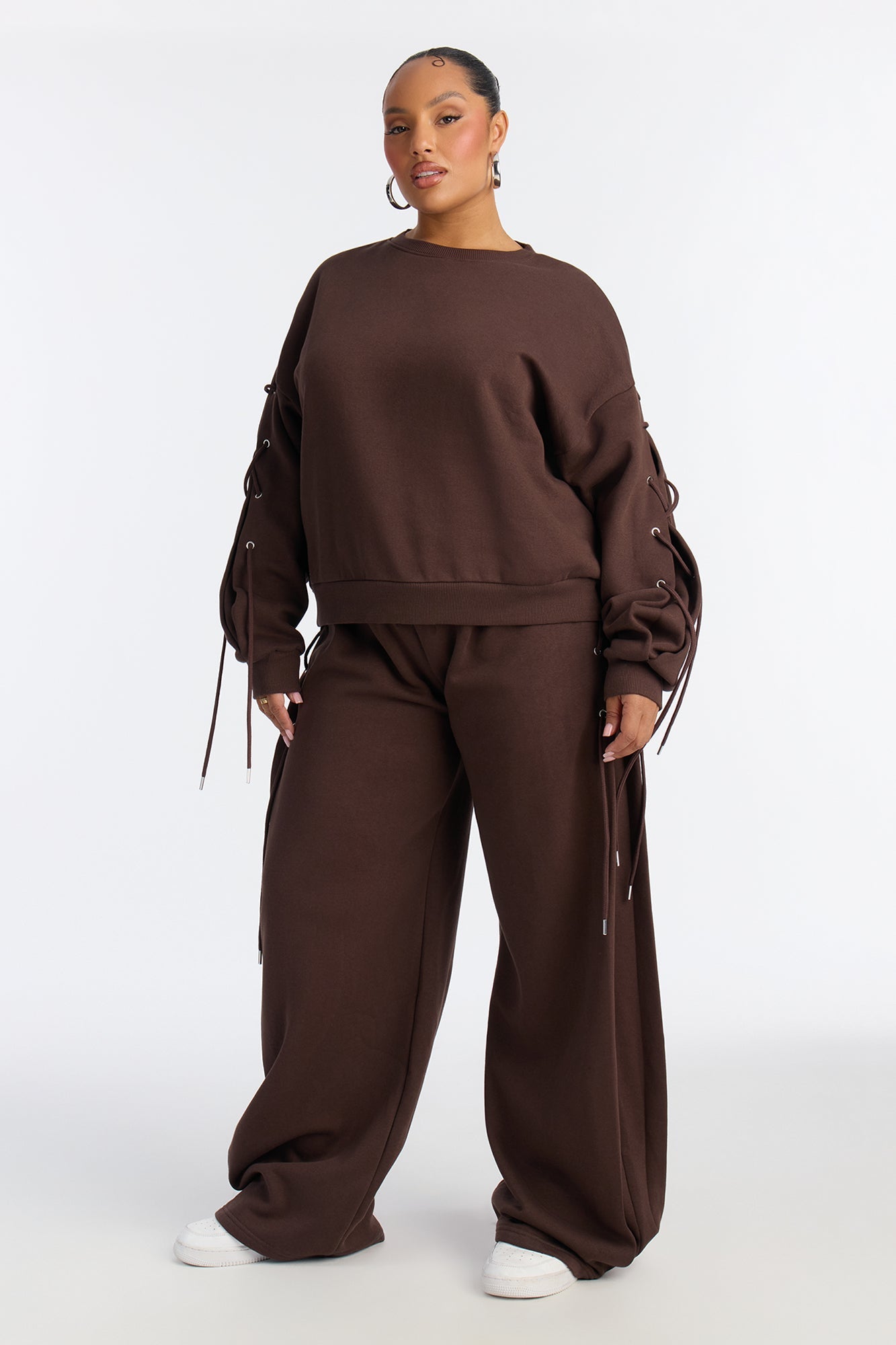Caro Lace Up Sweatshirt Set - Brown