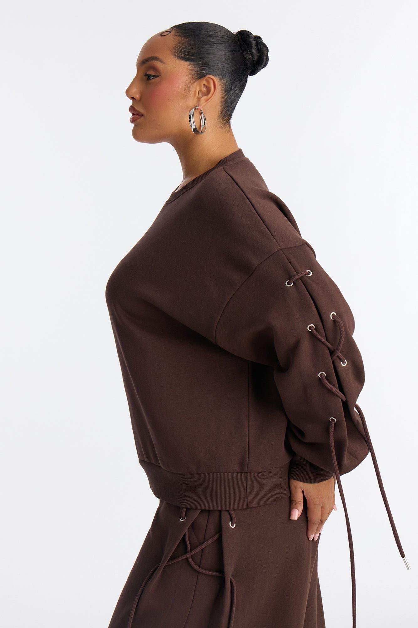 Caro Lace Up Sweatshirt Set - Brown