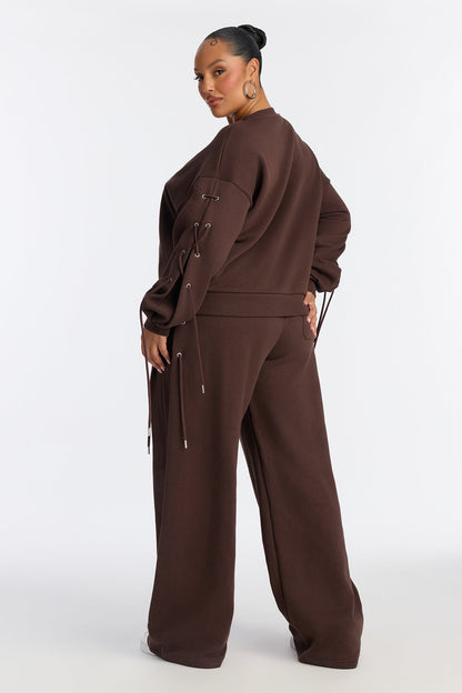 Caro Lace Up Sweatshirt Set - Brown