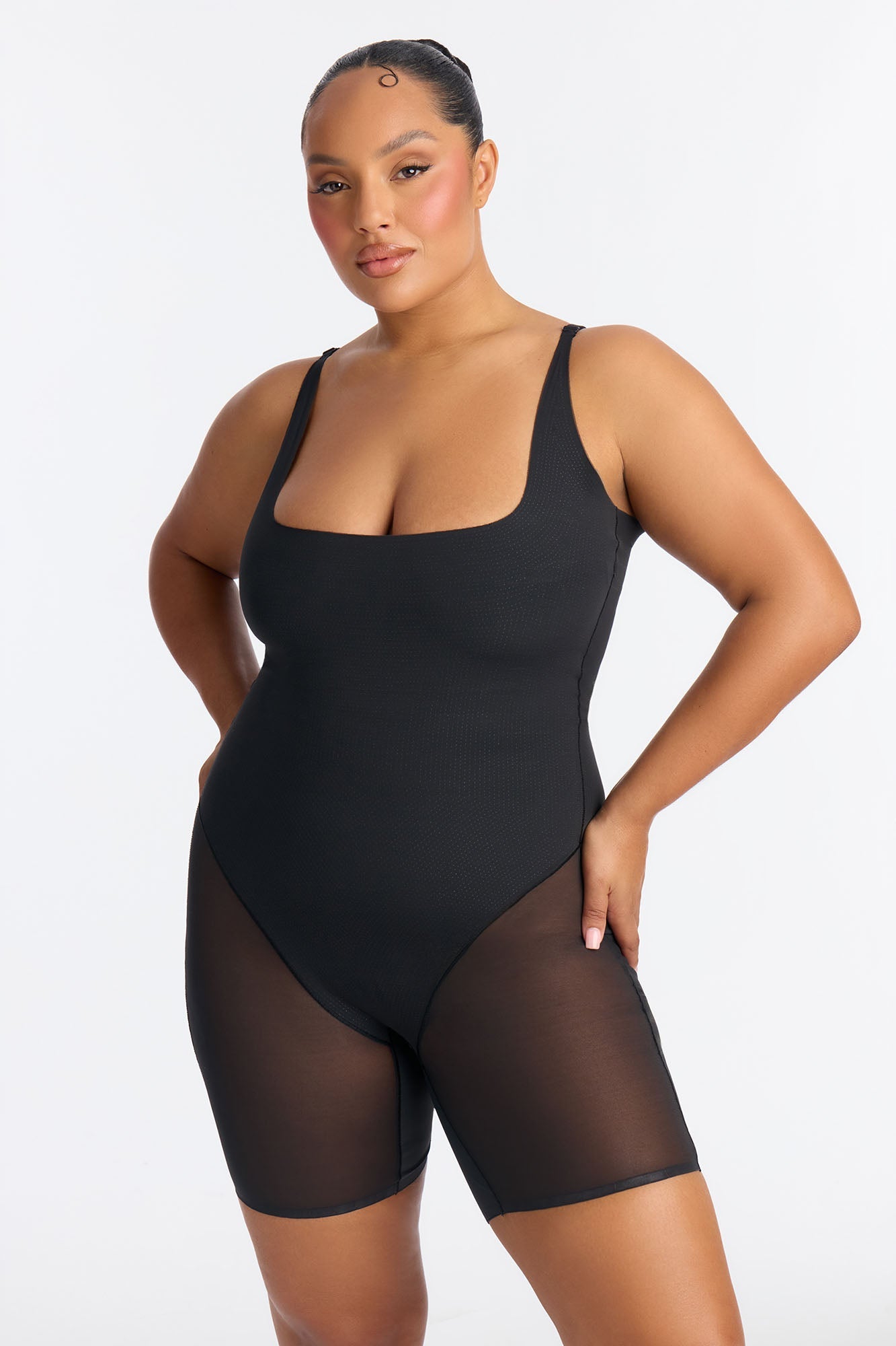 Microfiber Power Mesh Open Bust Butt Shaping Bodysuit - Black