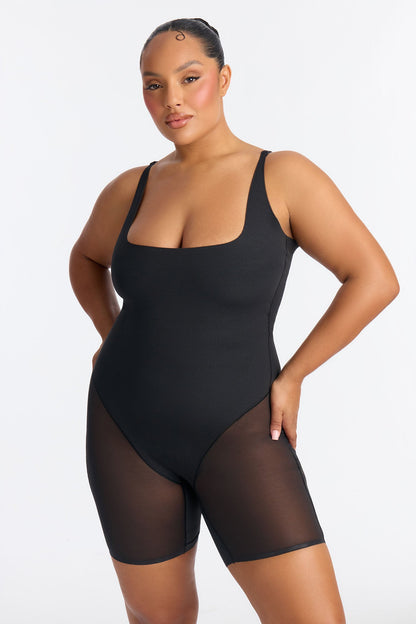 Microfiber Power Mesh Open Bust Butt Shaping Bodysuit - Black