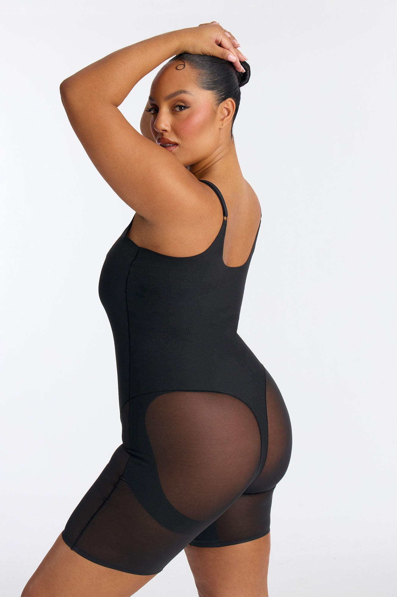 Microfiber Power Mesh Open Bust Butt Shaping Bodysuit - Black
