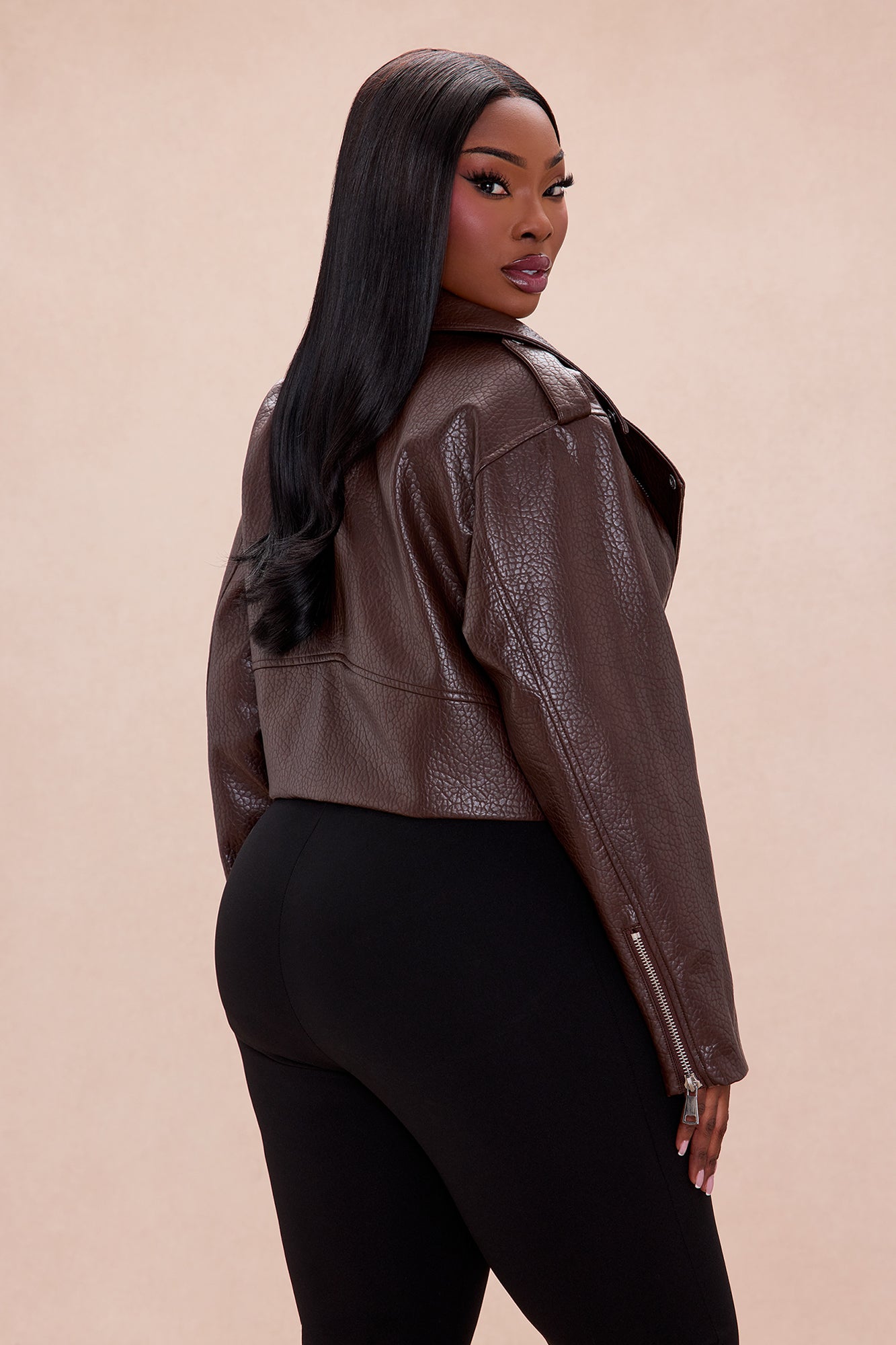Bad Girl Attitude Cropped Faux Leather Jacket - Chocolate