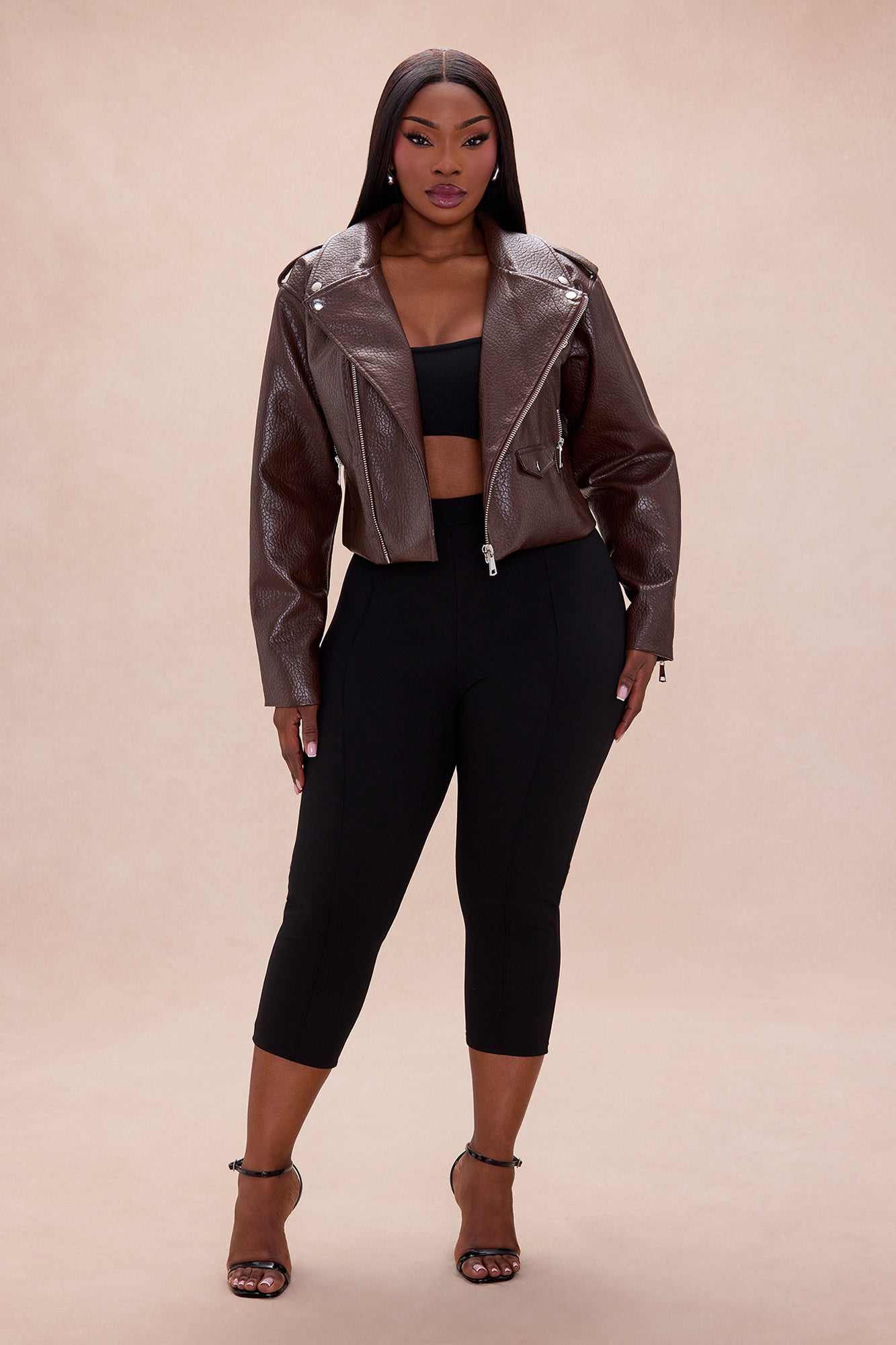 Bad Girl Attitude Cropped Faux Leather Jacket - Chocolate