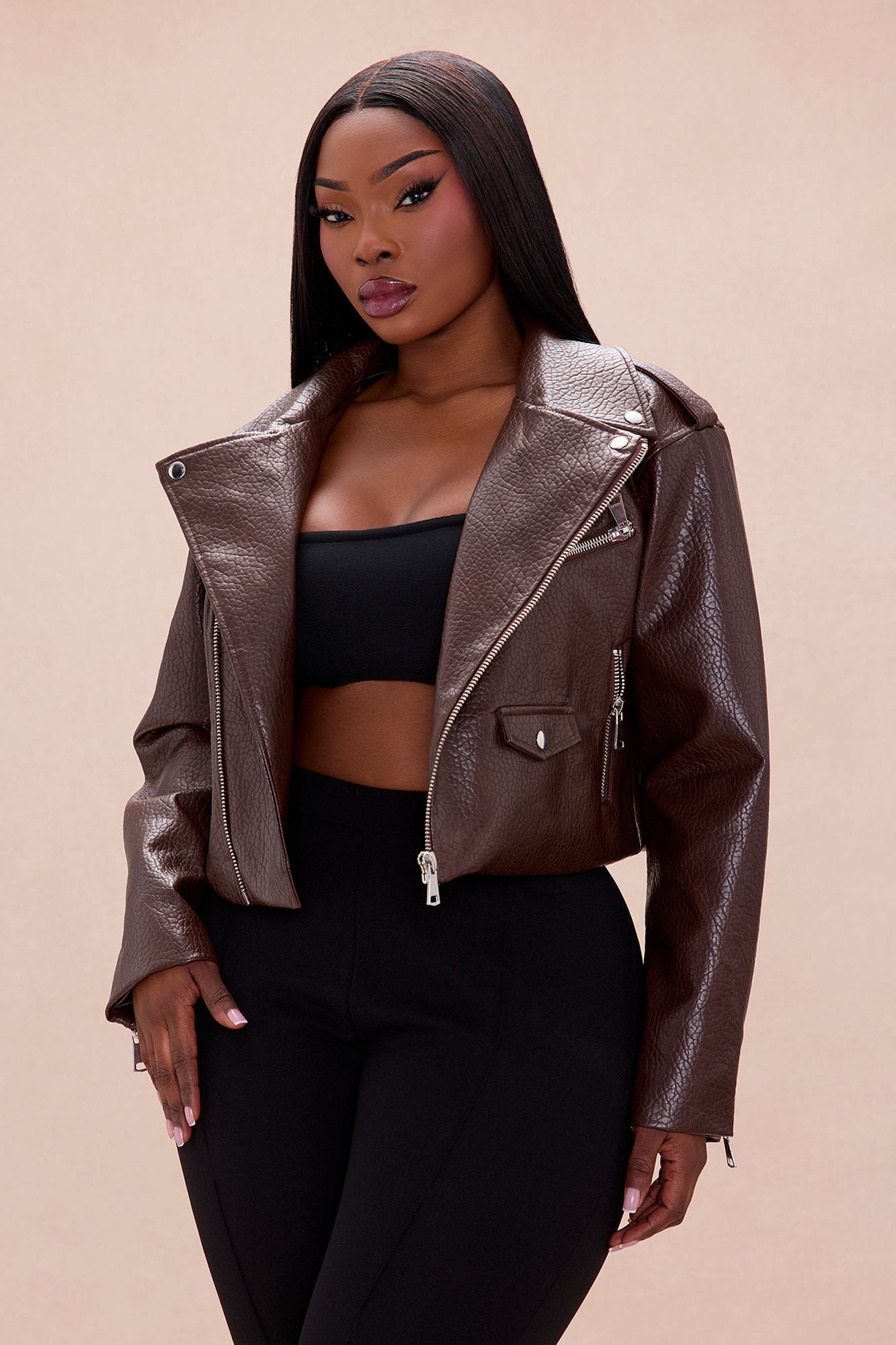 Bad Girl Attitude Cropped Faux Leather Jacket - Chocolate