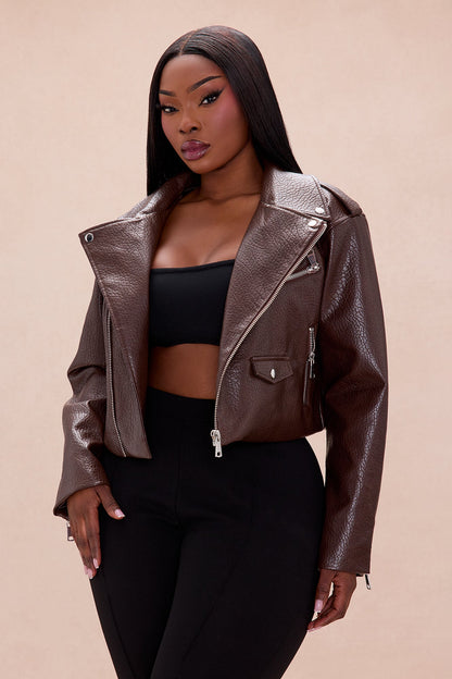 Bad Girl Attitude Cropped Faux Leather Jacket - Chocolate
