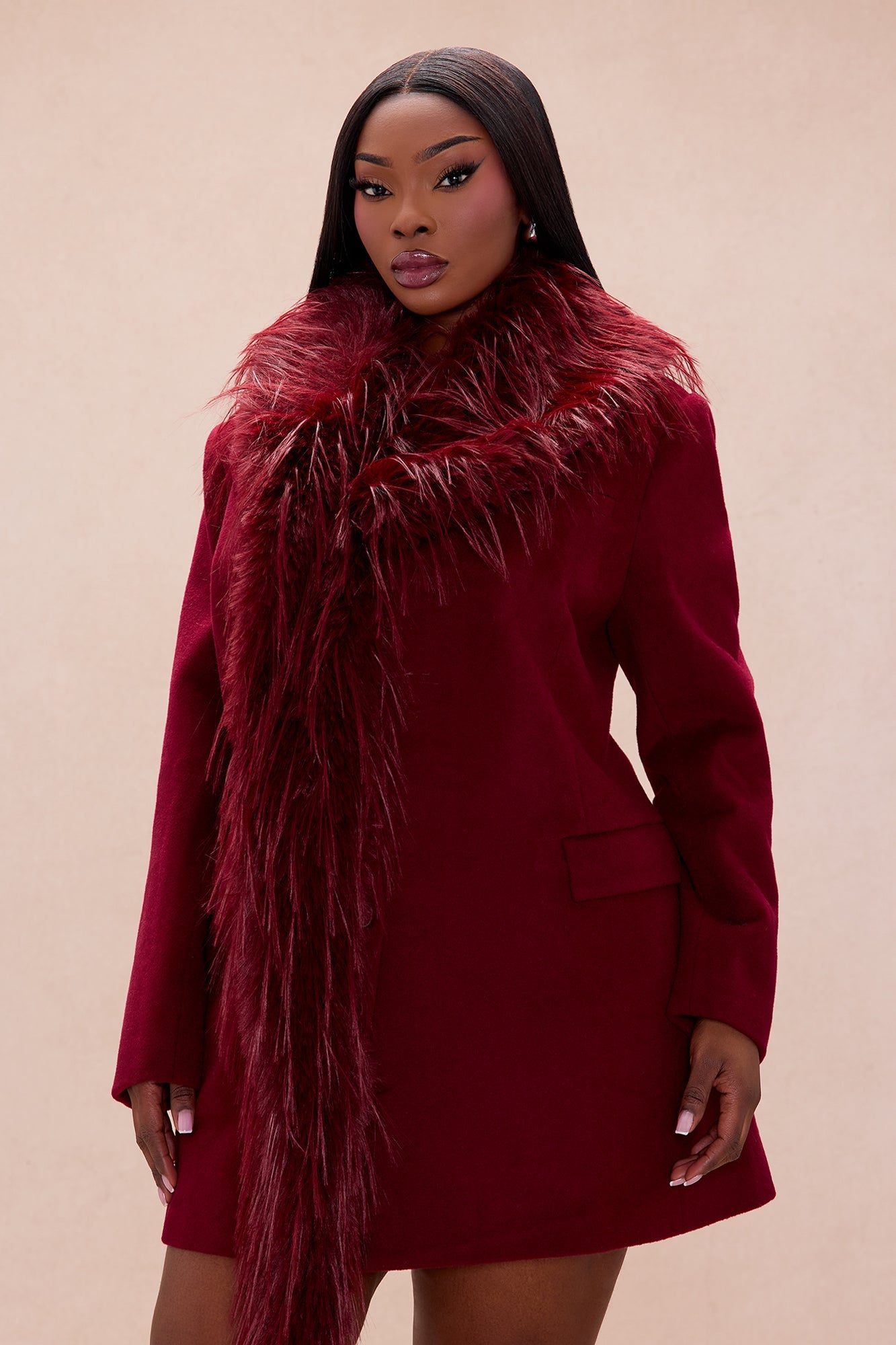 Amira Faux Fur Trim Jacket - Wine
