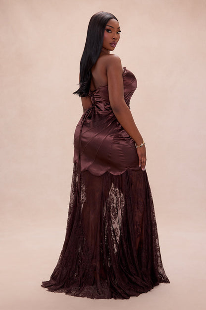 Cassandra Drop Waist Satin Lace Gown - Chocolate