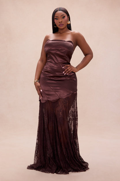 Cassandra Drop Waist Satin Lace Gown - Chocolate