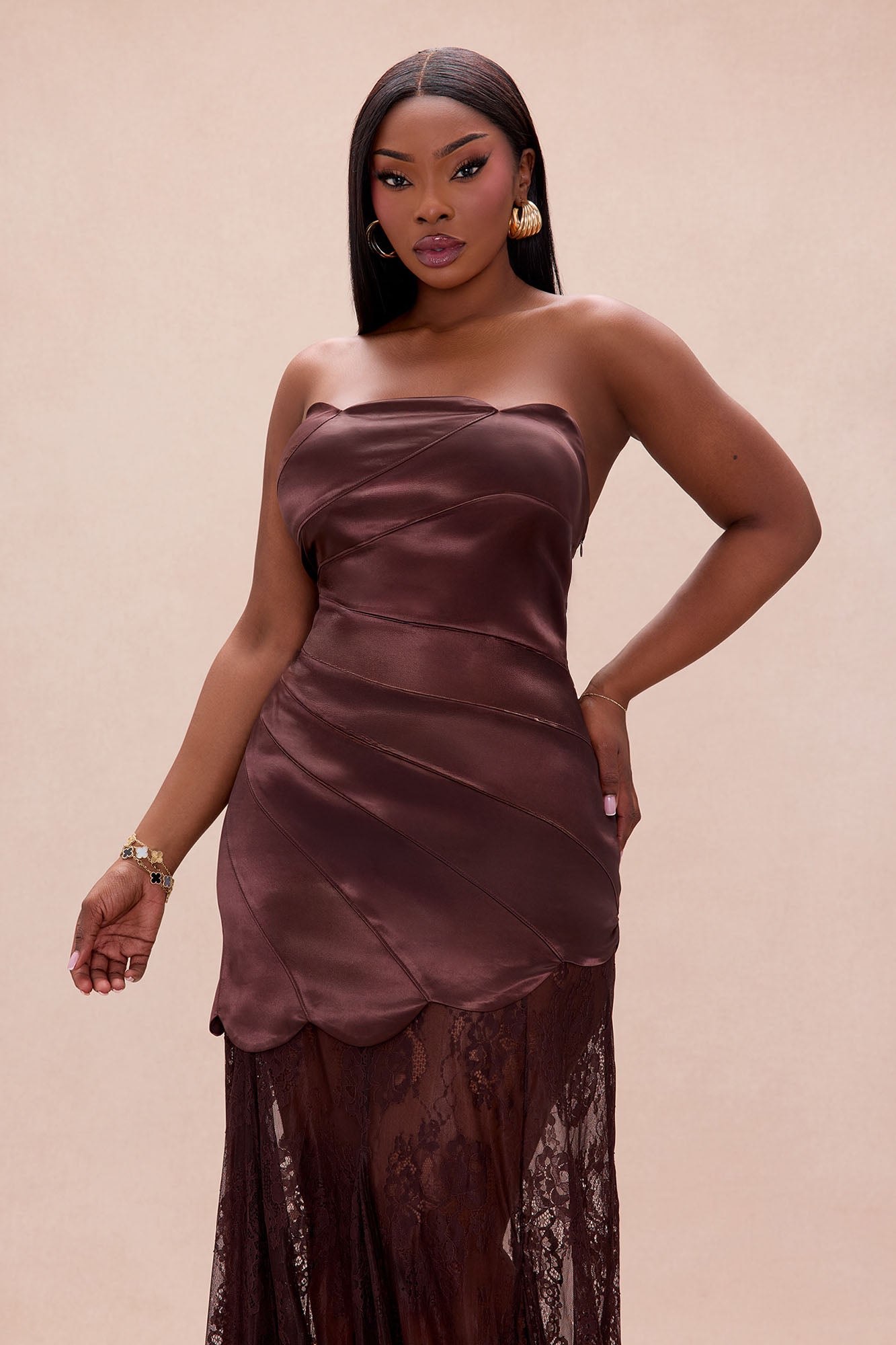 Cassandra Drop Waist Satin Lace Gown - Chocolate